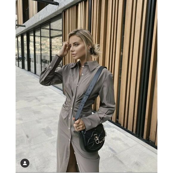 ZARA 43% WOOL DRAPED SHIRT DRESS TAUPE - Picture 1 of 8